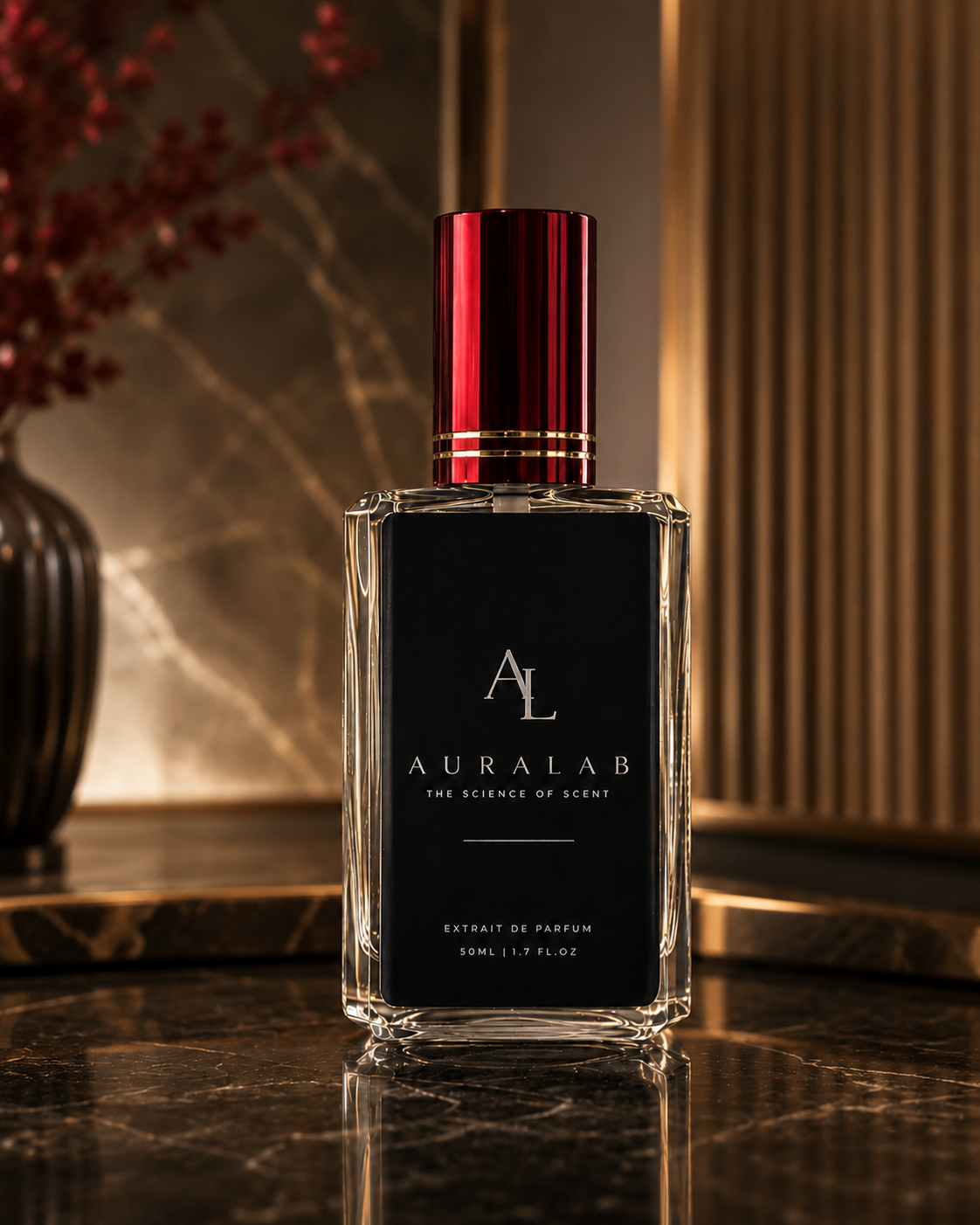 AURALAB No. 07 Bleu, 30ml extrait de parfum in a black glass bottle with a red lid