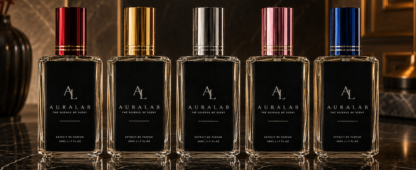 The full AURALAB range of 30ml extrait de parfum bottles with coloured lids