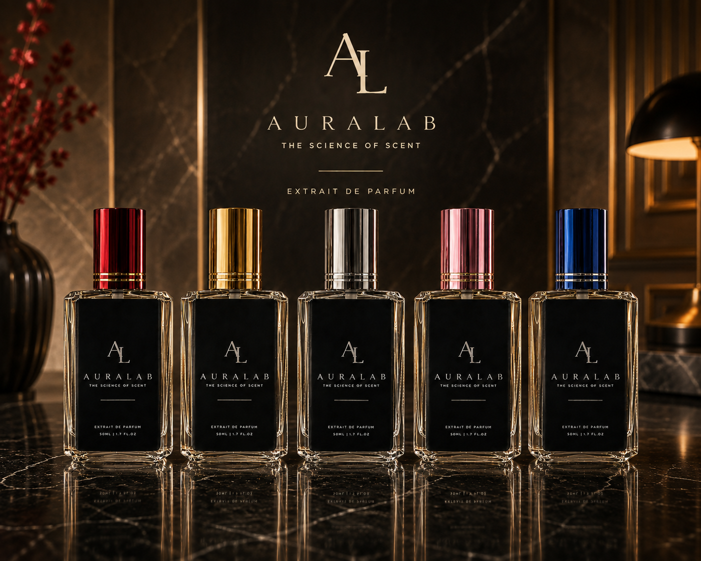 The full AURALAB range of extrait de parfum bottles with red, gold, silver, pink and blue lids beneath the AURALAB monogram
